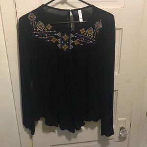 Xhilaration Embroidered Black Long Sleeve Shirt